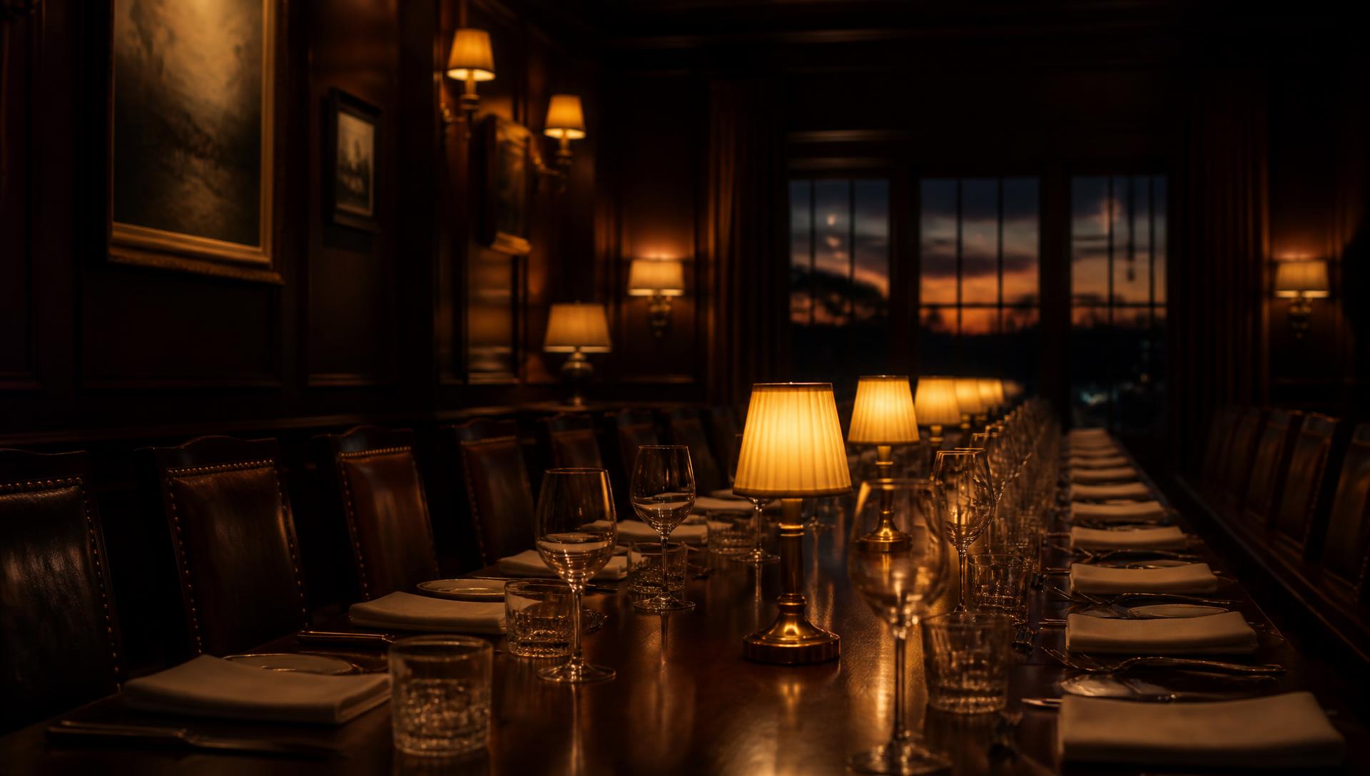 A long table in a private dining room at dusk, lit by warm lamplight